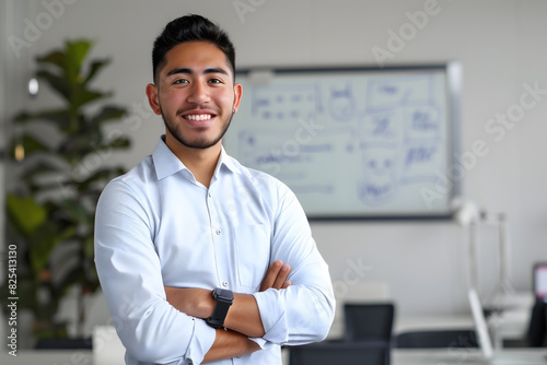 smiling young Hispanic business man standing with arms crossed in an office, whiteboard in the background
