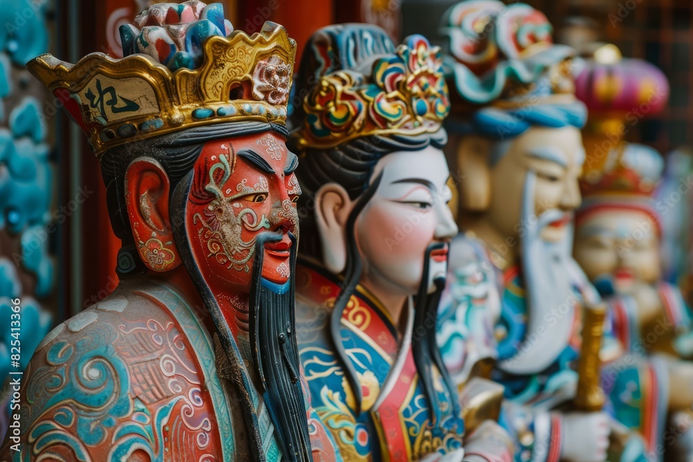 Vibrant statues of chinese gods with intricate details and traditional costumes on display Vibrant statues of chinese gods with intricate details and traditional costumes on display
