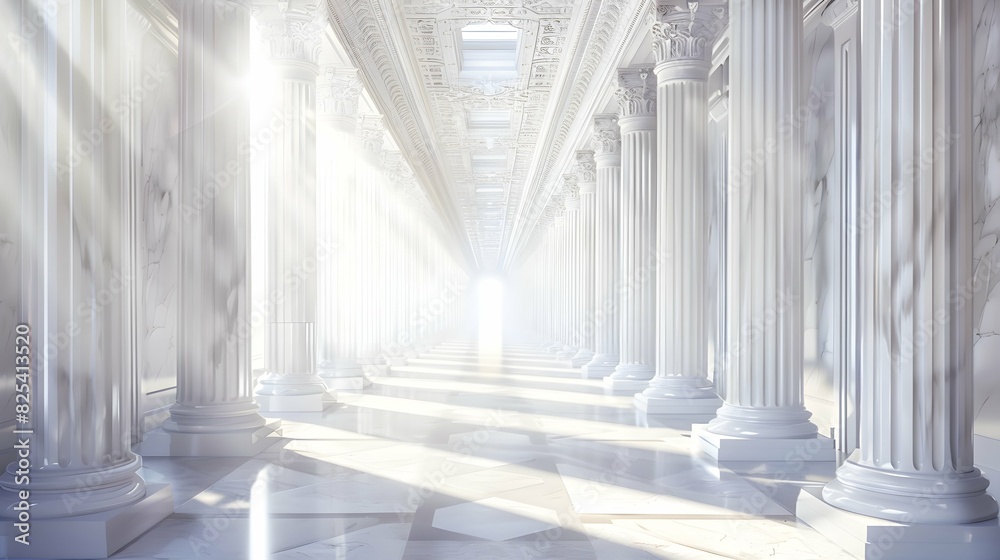 A grand interior with white marble columns, bathed in light from an ethereal glow, evoking a sense of serenity and majesty A grand interior with white marble columns, bathed in light from an ethereal glow, evoking a sense of serenity and majesty