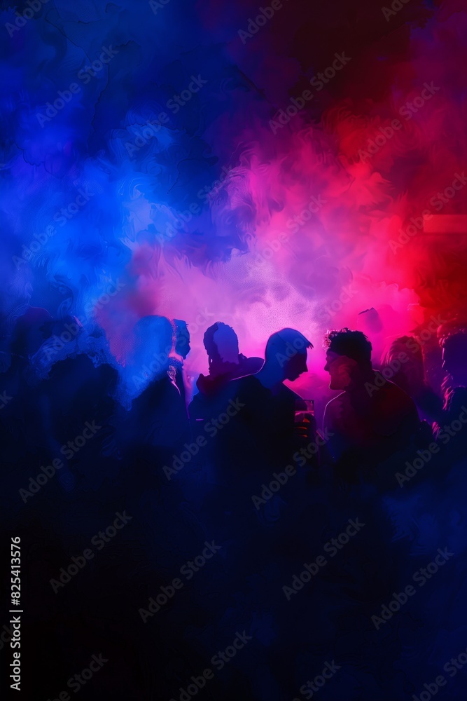 The image features indistinct silhouettes of people at a gathering illuminated by abstract colorful lights The image features indistinct silhouettes of people at a gathering illuminated by abstract colorful lights