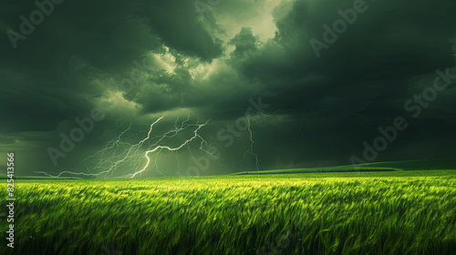 Strong thunderstorm with rain and lightning on a green field