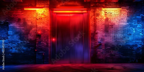 Red siren on large elevator door in dark underground mech hangar. Concept Sci-fi, Industrial, Underground, Technology, Red Alert