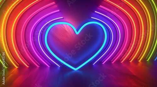 Happy Pride Month 3D render vibrant neon rays forming a rainbow heart on a dynamic abstract background