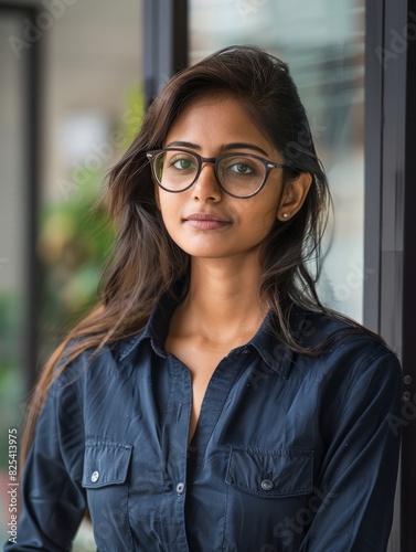 Portrait of indian businesswoman wearing shirt and standing outside conference room. Portrait of happy business lady wearing spectacles and looking at camera with copy space. Satisfied proud female.