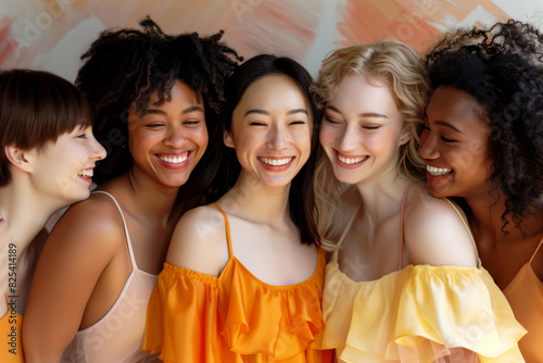 Group portrait of beautiful young diverse women smiling
