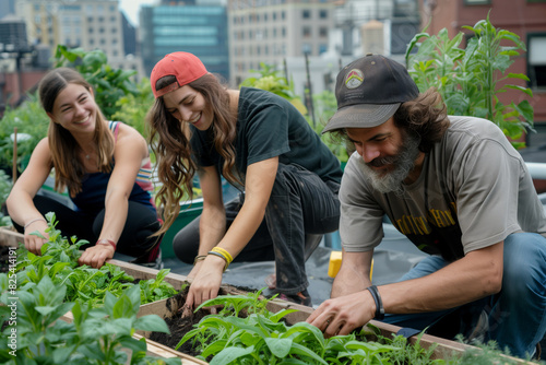 Volunteers working on urban garden in the city