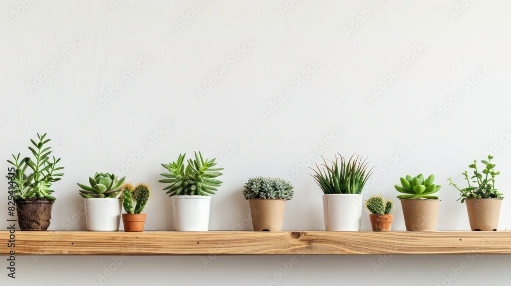 Indoor succulent and cactus plants on a shelf. Wood shelf against a white wall. Banner with copy space. Indoor succulent and cactus plants on a shelf. Wood shelf against a white wall. Banner with copy space.