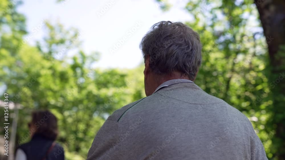 Elderly man walking down a path in a park, surrounded by green trees and nature. back view shows him wearing a grey sweater, enjoying a peaceful and sunny day outdoors Elderly man walking down a path in a park, surrounded by green trees and nature. back view shows him wearing a grey sweater, enjoying a peaceful and sunny day outdoors