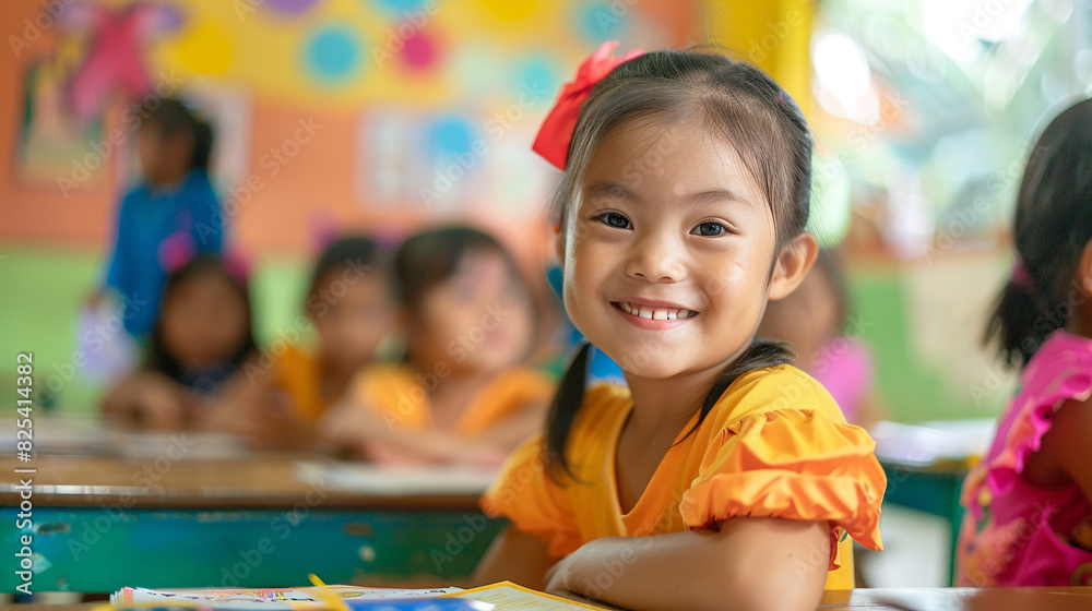 A cheerful young Asian girl with a bright smile sits in a colorful classroom, engaged in learning activities with her classmates. A cheerful young Asian girl with a bright smile sits in a colorful classroom, engaged in learning activities with her classmates.