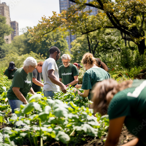 Group of Volunteers working together on urban garden in the city