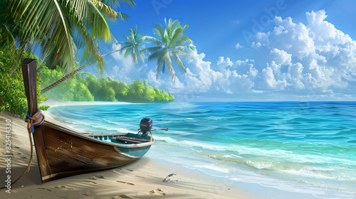 Boat on the shore of a tropical beach and ocean © Taisiia