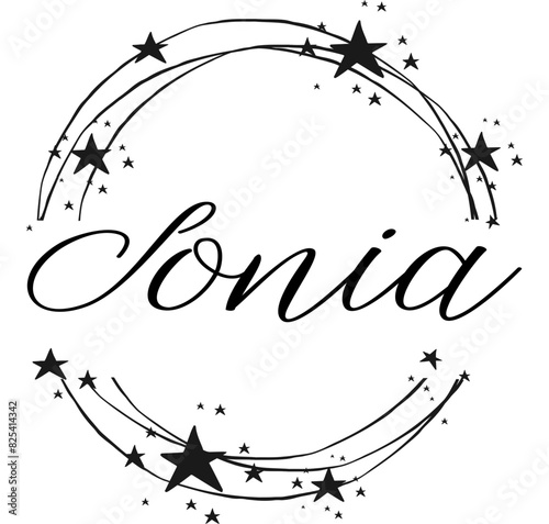 Sonia - name written between circles and stars, round logo, vector graphics for parties and Christmas period, banners, cards, sweatshirt, prints, cricut, silhouette, sublimation