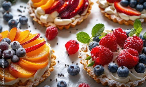 Fresh fruits tarts with fresh fruit and cream cheeses. Strawberry, blueberry, raspberry, apricot photo