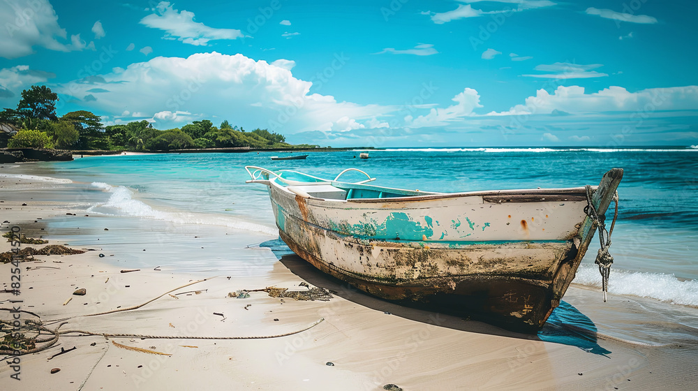 Boat on the shore of a tropical beach and ocean