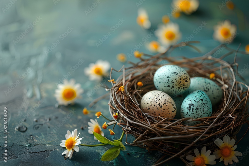 A nest filled with eggs sitting on top of a table A nest filled with eggs sitting on top of a table