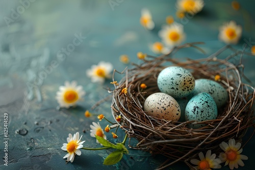 A nest filled with eggs sitting on top of a table