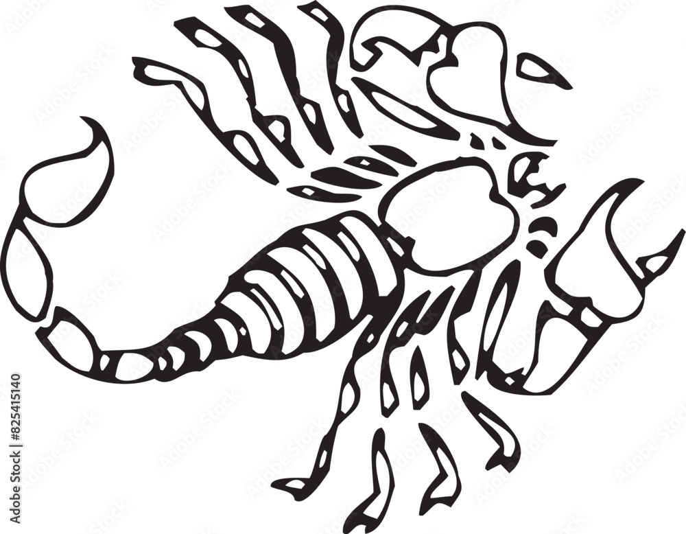 black and white illustration of a scorpian