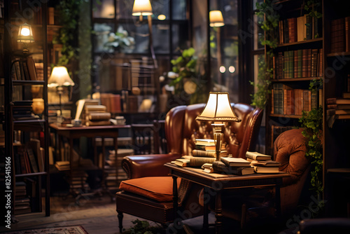 Charming corner in a vintage bookstore with stacks of old books, antique furniture, and cozy reading nooks. Soft lighting  Generative Ai,
