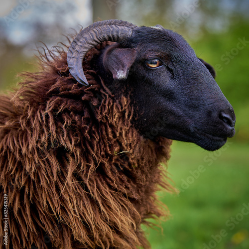 Portraitbild eines schwarz braunen Schafs von der Seite photo