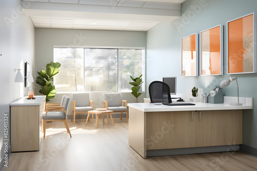 Contemporary healthcare administrator's office with a clean, hygienic design, modern medical charts, and calming colors.  Generative Ai,