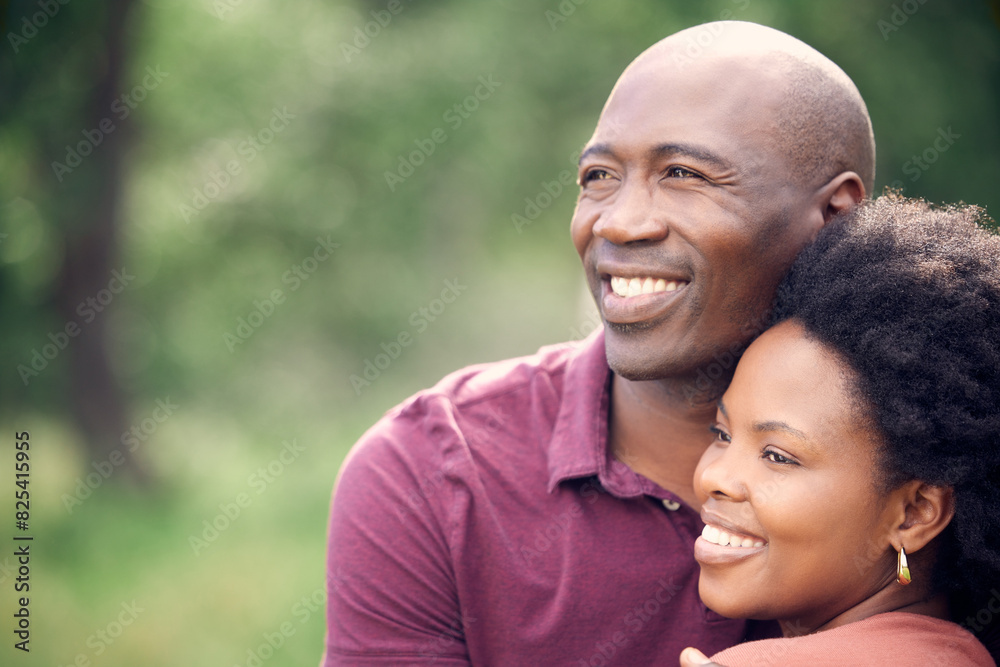 Black couple, happy and hug outdoor in park with love for relationship, romance and commitment. Smiling, man and woman embrace in nature for relaxing, dating fun and bonding on weekend adventure Black couple, happy and hug outdoor in park with love for relationship, romance and commitment. Smiling, man and woman embrace in nature for relaxing, dating fun and bonding on weekend adventure
