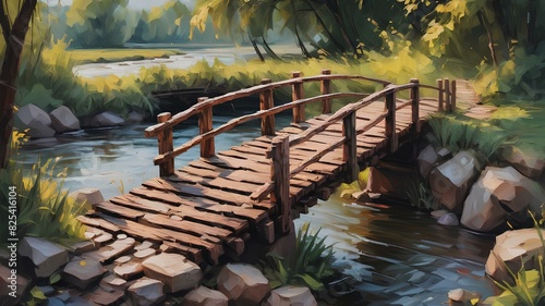 oil painting, landscape, bridge, river, nature, day, daylight, light, green, water, wooden, lake, tree, trees, forest, reflection, summer, stream, spring, beauty, travel photo