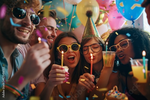 A group of friends joyfully celebrates a birthday with candles, confetti, hats, sunglasses, and spreading joy, creating a lively and cheerful atmosphere during the festive occasion