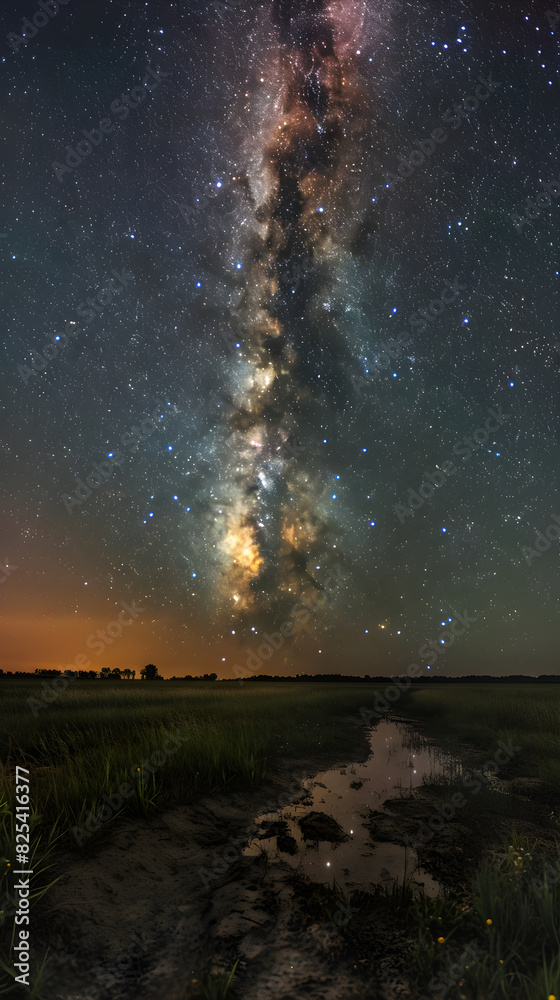 Celestial Majesty: The Milky Way in All Its Splendor Over a Peaceful Open Field, A Serene Nighttime Spectacle