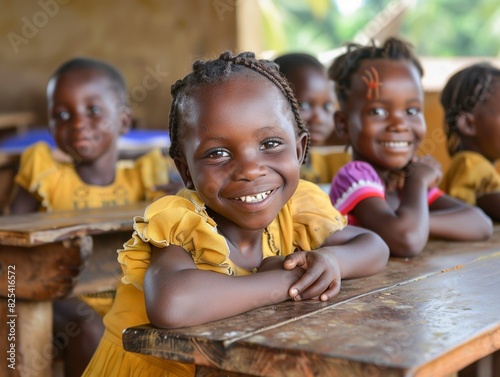 Group of cheerful African schoolchildren in a classroom, wearing yellow uniforms and displaying happy expressions.