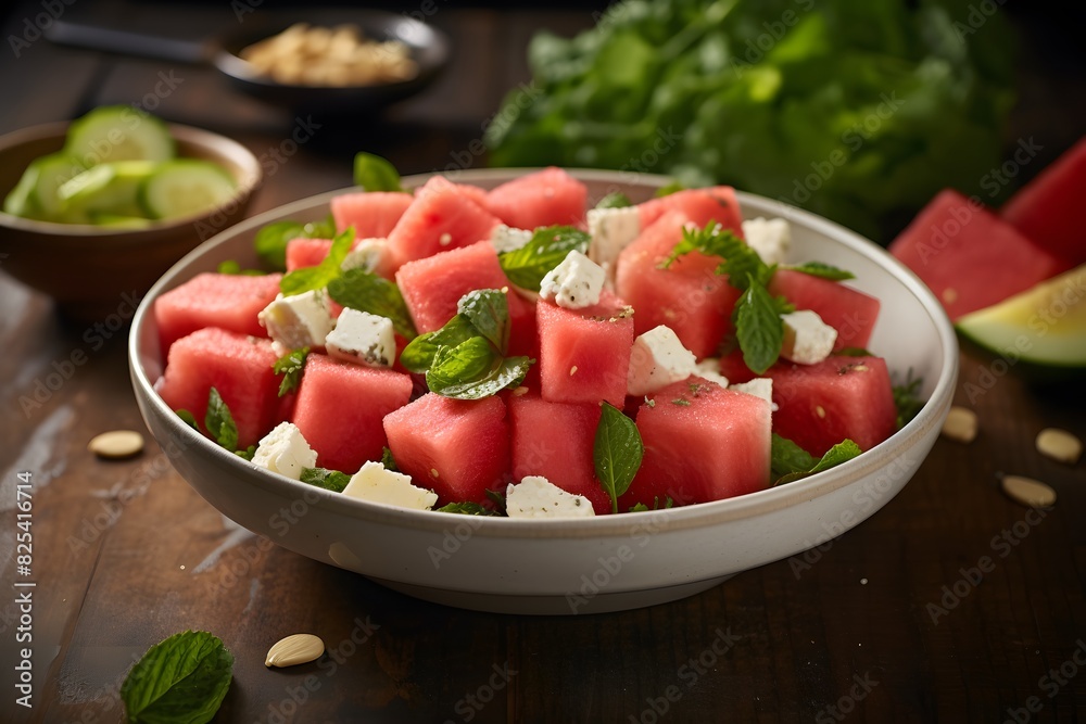 Fresh watermelon and feta salad with arugula and mint. Fresh watermelon and feta salad with arugula and mint.