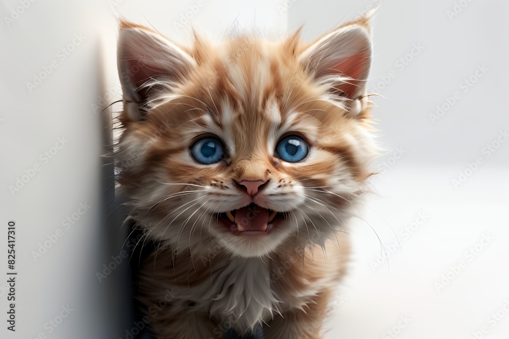 cute red kitten against the background of a light wall in the house