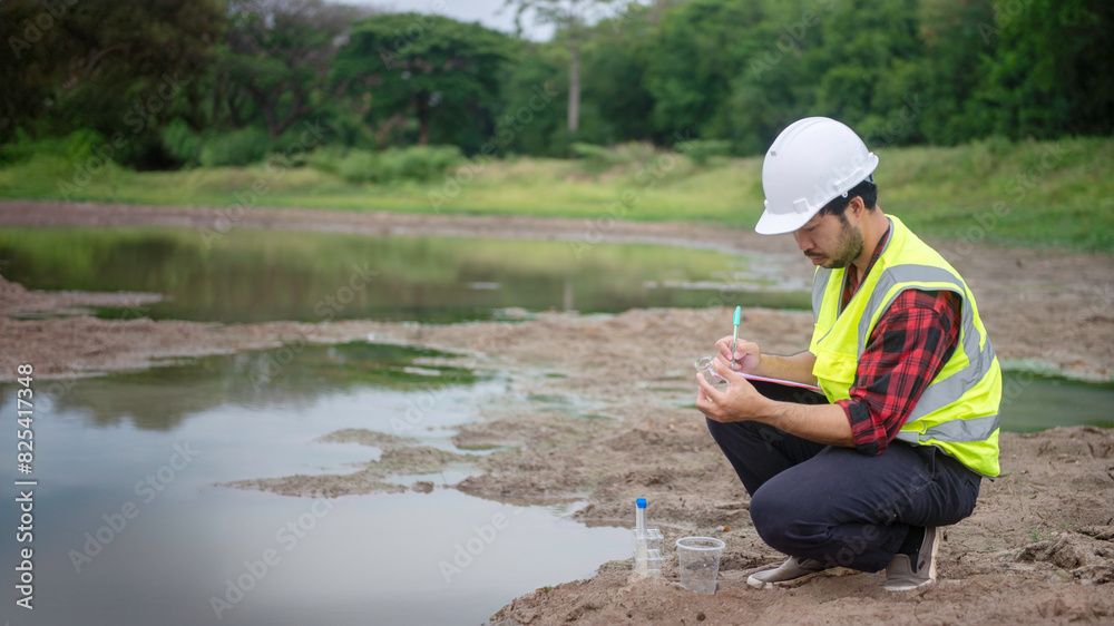 Environmental engineer Sit down next to a well and take note while holding the glass tube in his left hand to analysing check the quality and contaminants in the water source. Environmental engineer Sit down next to a well and take note while holding the glass tube in his left hand to analysing check the quality and contaminants in the water source.