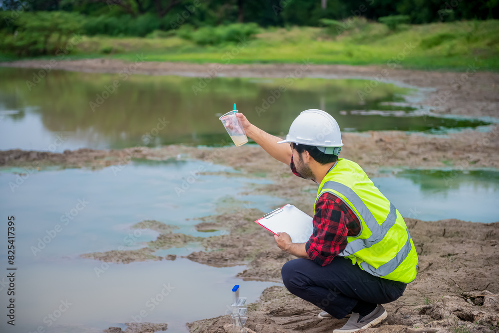 Environmental engineer Sit down next to a well and check the quality of water sample to analysing check the quality and contaminants in the water source. Environmental engineer Sit down next to a well and check the quality of water sample to analysing check the quality and contaminants in the water source.
