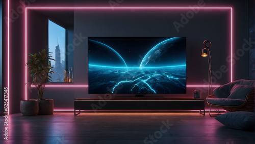 Smart tv in modern living room interior design with neon lights, 3d render. Generative ai.