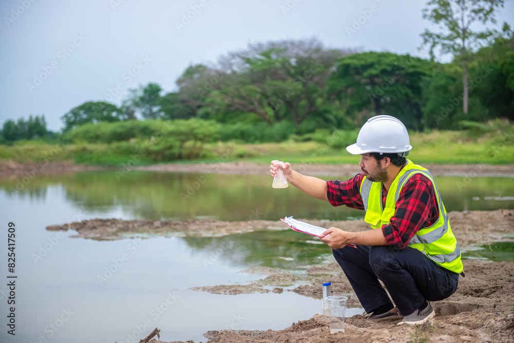 Environmental engineer Sit down next to a well and raise the glass tube that full of water sample to analysing check the quality and contaminants in the water source.