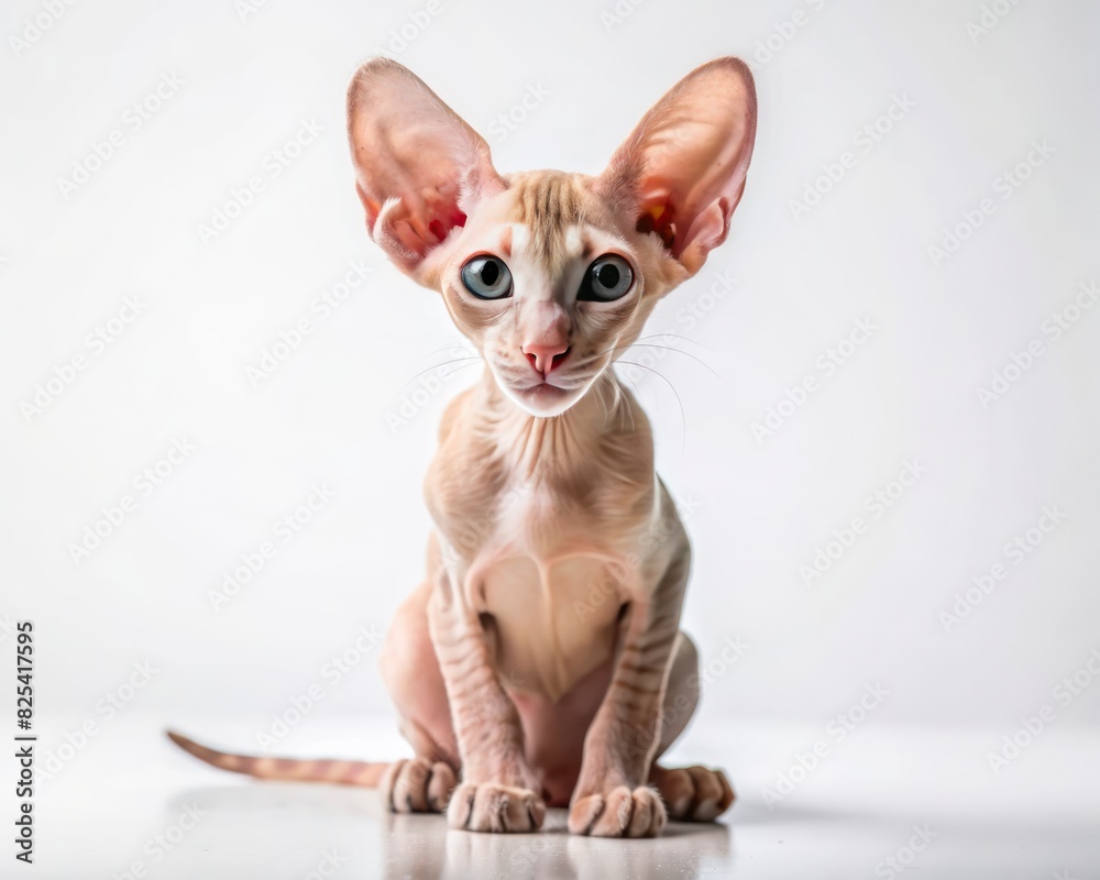 Peterbald breed cat sitting isolated on white background looking at camera.