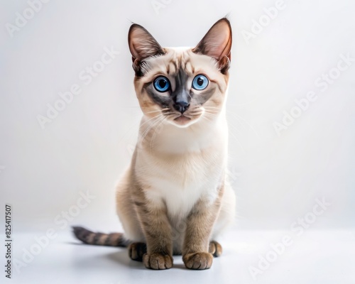 Tonkinese breed cat sitting isolated on white background looking at camera. © La_Valentina
