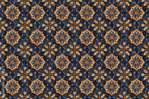 Elegant seamless pattern with intricate gold floral motifs on a dark background, ideal for luxurious decoration and ornamental tile designs photo