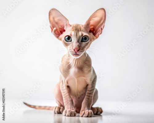Peterbald breed cat sitting isolated on white background looking at camera.