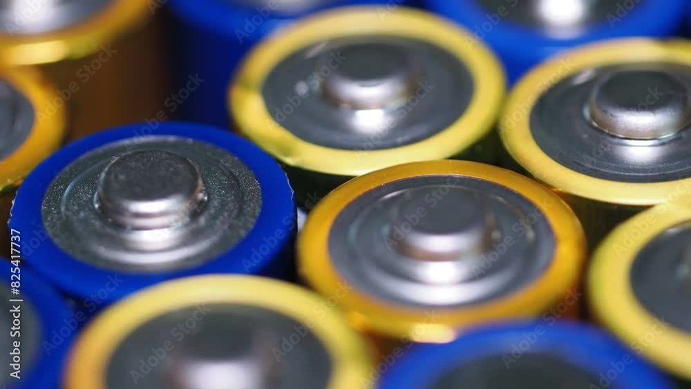 Close-up, selective focus shot of the positive ends of golden and blue-colored batteries.