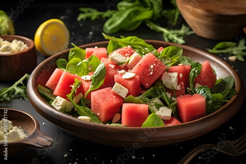 Fresh watermelon and feta salad with arugula and mint.