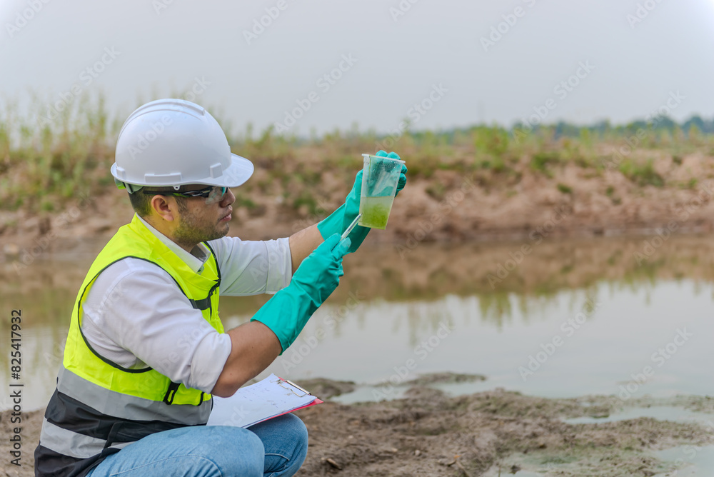 Environmental engineer Sit down next to a well while holding the plastic glass that fill with the water sample and check water quality and contaminants in the water source. Environmental engineer Sit down next to a well while holding the plastic glass that fill with the water sample and check water quality and contaminants in the water source.
