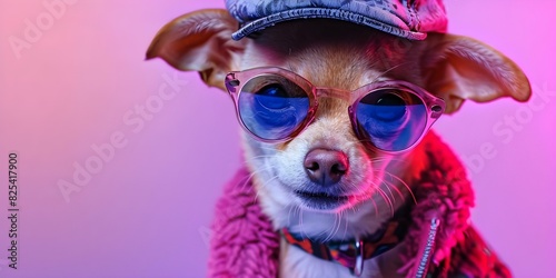 Stylish Chihuahua posing in hip hop outfit with sunglasses and cap. Concept Dog Fashion, Hip Hop Style, Chihuahua Portraits, Stylish Outfit, Pet Photography