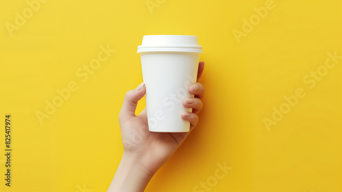 Mão feminina segurando uma maquete de xícara de café branca em branco sobre um fundo amarelo photo