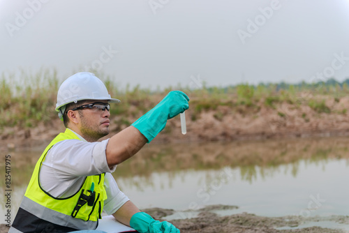 Environmental engineer Sit down next to a well while holding an experiment tube that fill with the water sample and check water quality and contaminants in the water source.