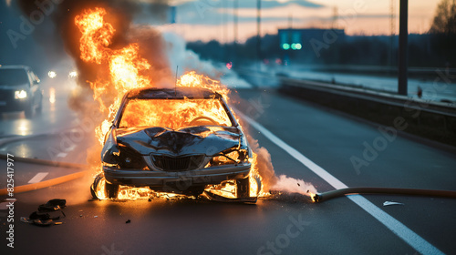 Um carro pegou fogo em um acidente na rodovia. photo