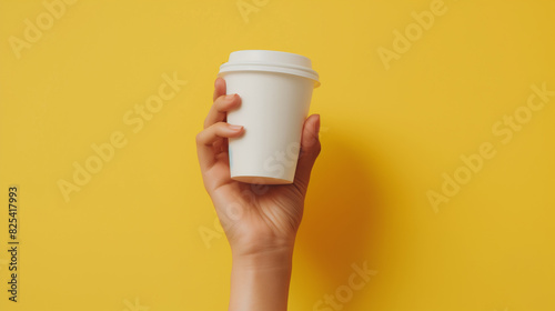 Mão feminina segurando uma maquete de xícara de café branca em branco sobre um fundo amarelo photo