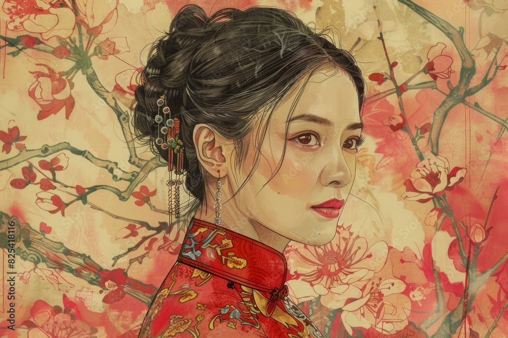 Portrait of an asian woman with intricate hairstyle dressed in traditional red attire, set against a floral background