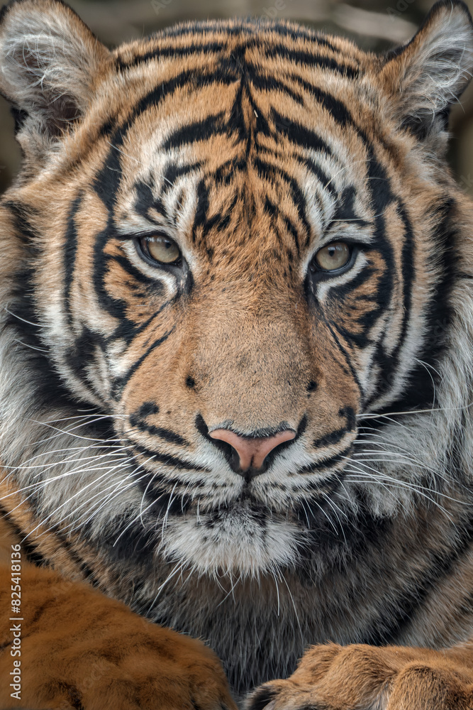 Tiger lounging on a rock, eyes open, paws outstretched. Tiger lounging on a rock, eyes open, paws outstretched.