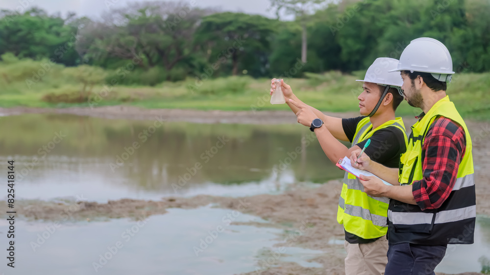 Two of environmental engineer stand next to a well while holding an experiment tube that fill with the water sample and check water quality and contaminants in the water source. Two of environmental engineer stand next to a well while holding an experiment tube that fill with the water sample and check water quality and contaminants in the water source.
